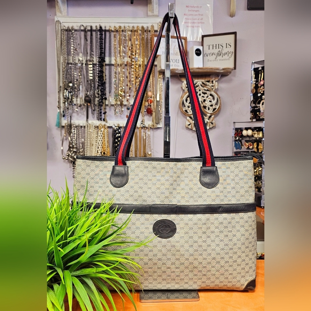 Gucci Vintage Oversize Elegant Beige and Blue Tote Bag